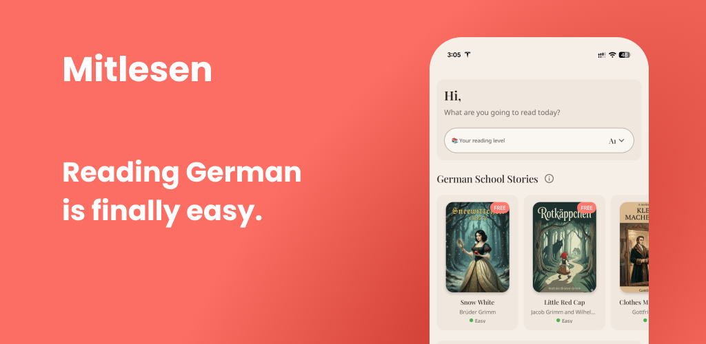 Reading German is finally easy — the Mitlesen app showing graded story covers