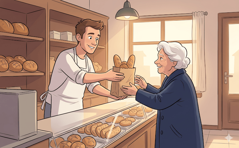 Tobias reicht Frau Weber ihre Brötchen am Samstag.