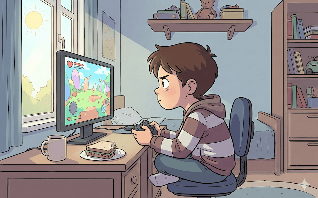 Radin konzentriert sich sehr auf sein Videospiel.