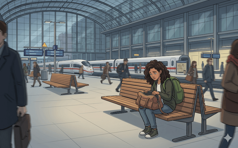 Sofia sitzt allein auf einer Bank im Hauptbahnhof.