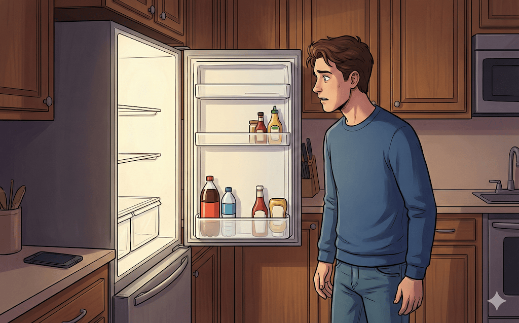 Jonas schaut in den leeren Kühlschrank.