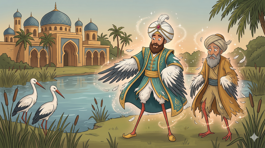 Der Kalif und sein Wesir werden zu zwei Störchen.