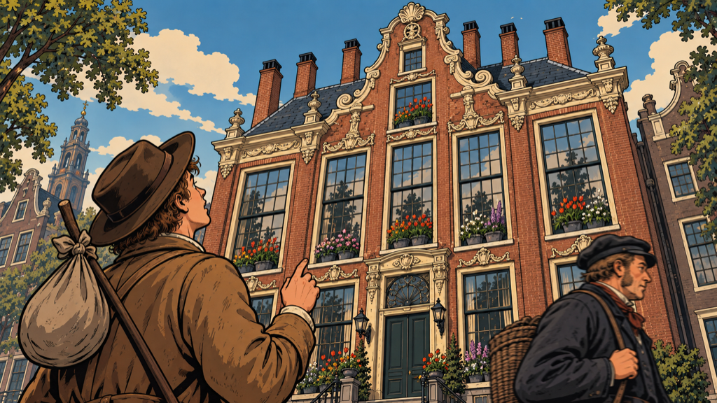 Der Handwerker bestaunt das prächtige Haus in Amsterdam.