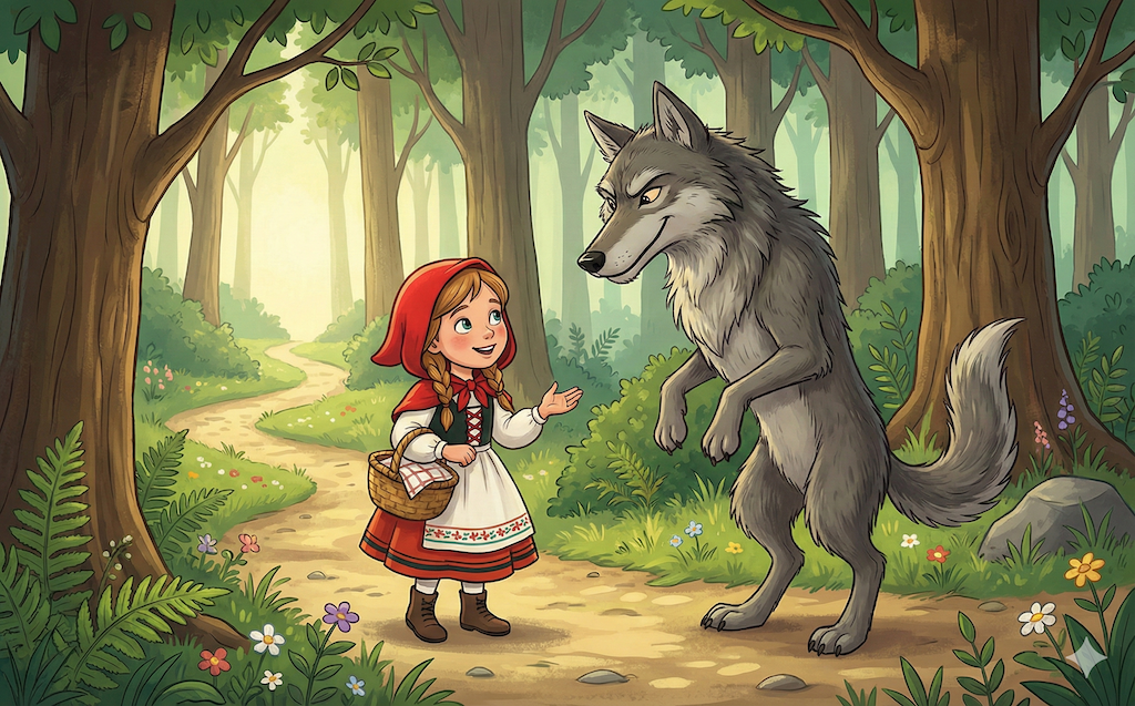 Rotkäppchen trifft den Wolf im Wald.