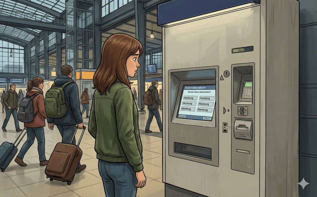 Mira steht vor dem Ticket-Automaten. Sie versteht ihn nicht.
